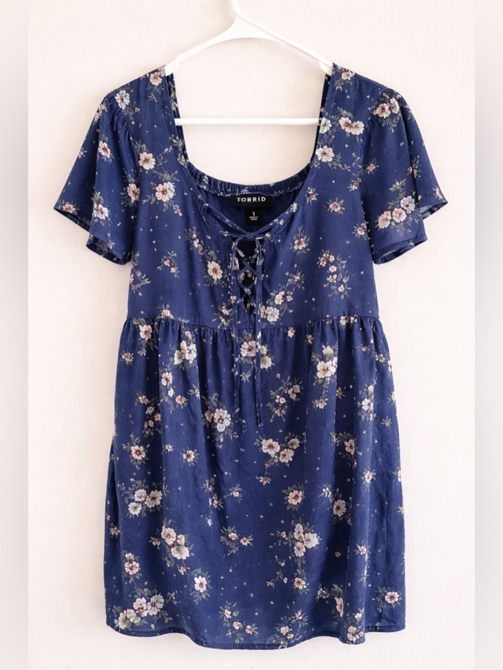 torrid navy floral lace-up babydoll tunic